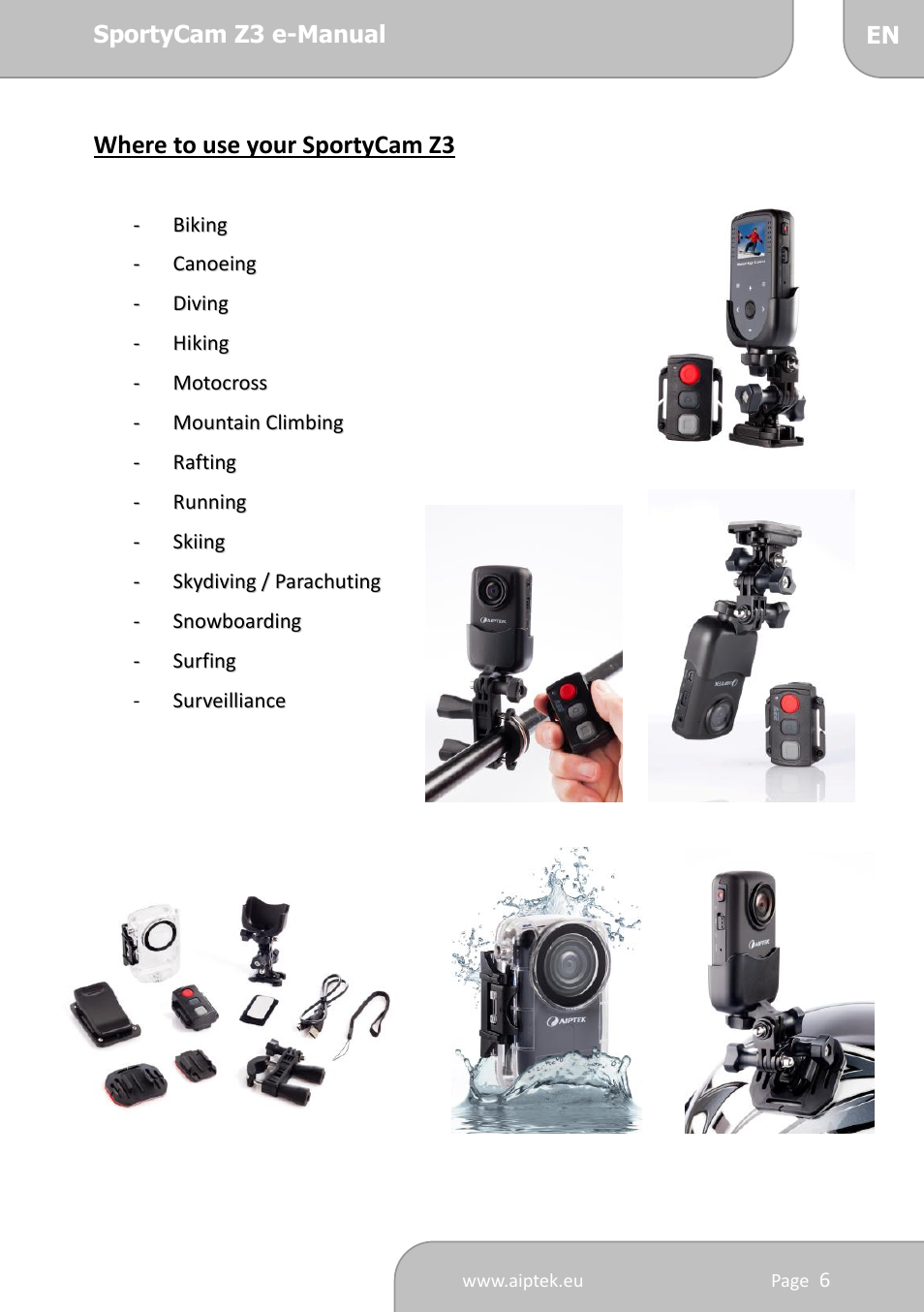 Where to use your sportycam z3 | AIPTEK SportyCam Z3 Manual User Manual | Page 6 / 69