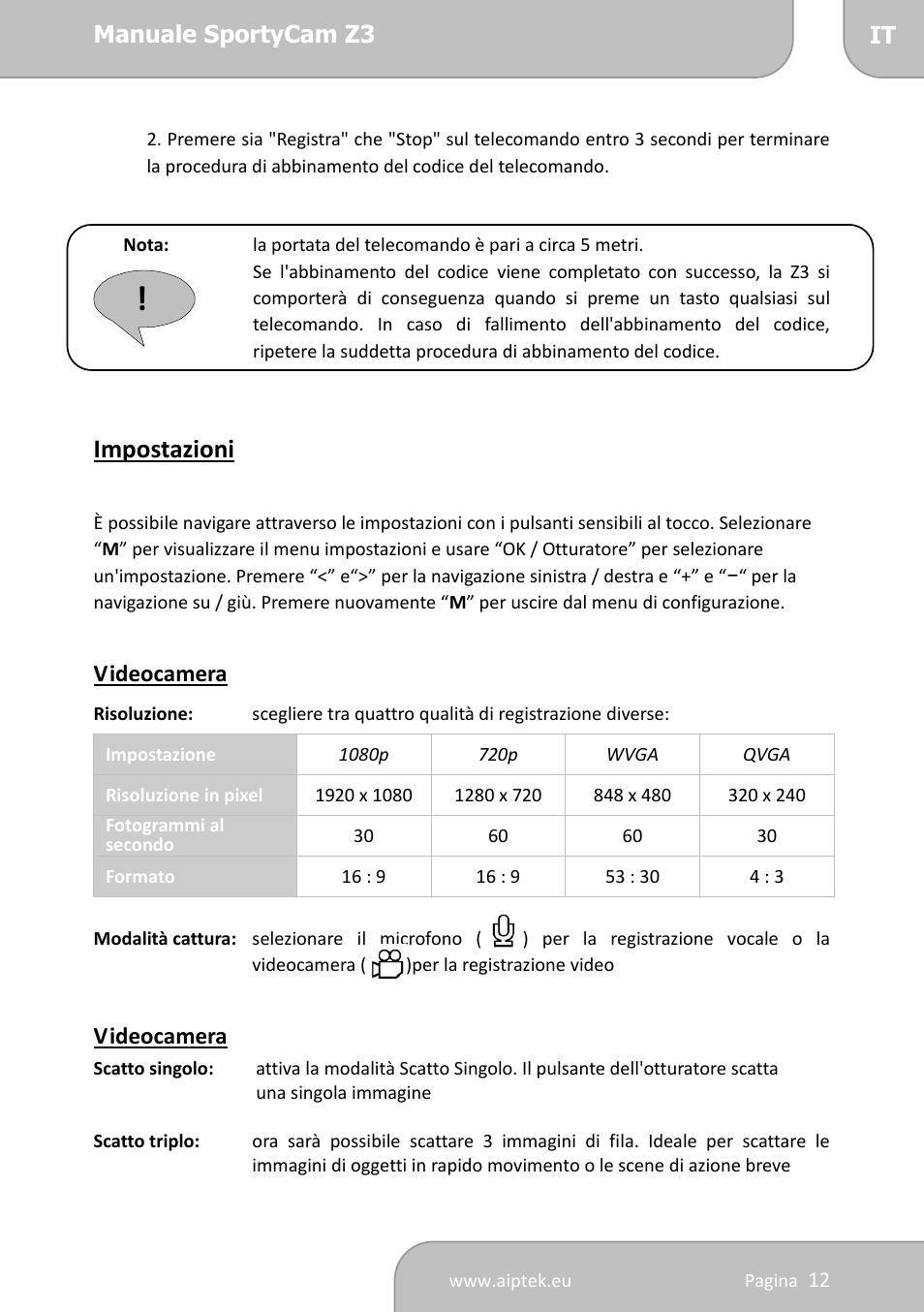 Impostazioni | AIPTEK SportyCam Z3 Manual User Manual | Page 64 / 69