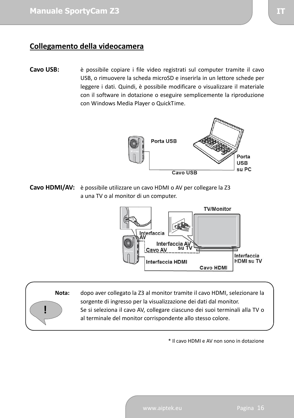 Collegamento della videocamera | AIPTEK SportyCam Z3 Manual User Manual | Page 68 / 69