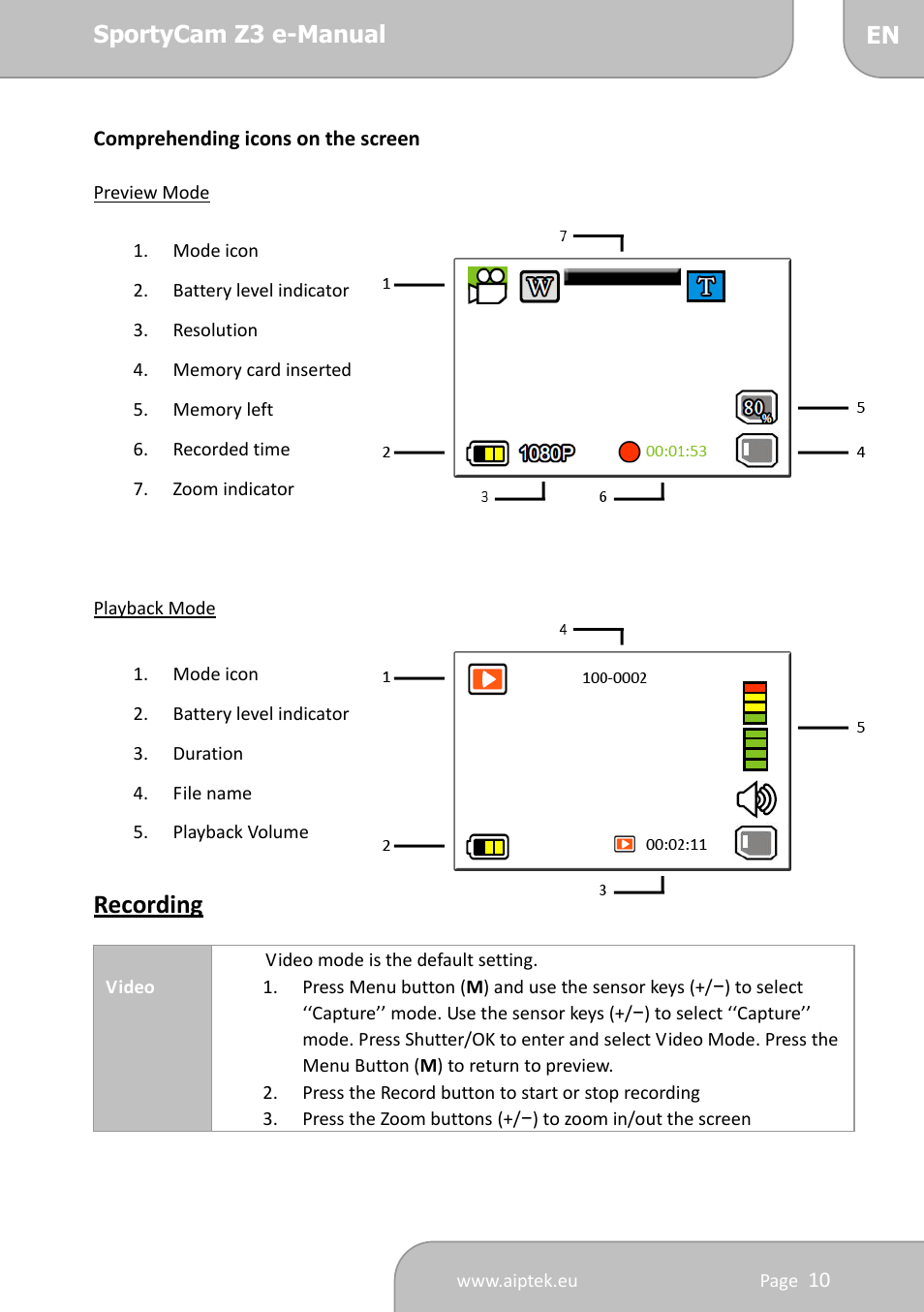 Recording | AIPTEK SportyCam Z3 Quick Start Guide User Manual | Page 10 / 114
