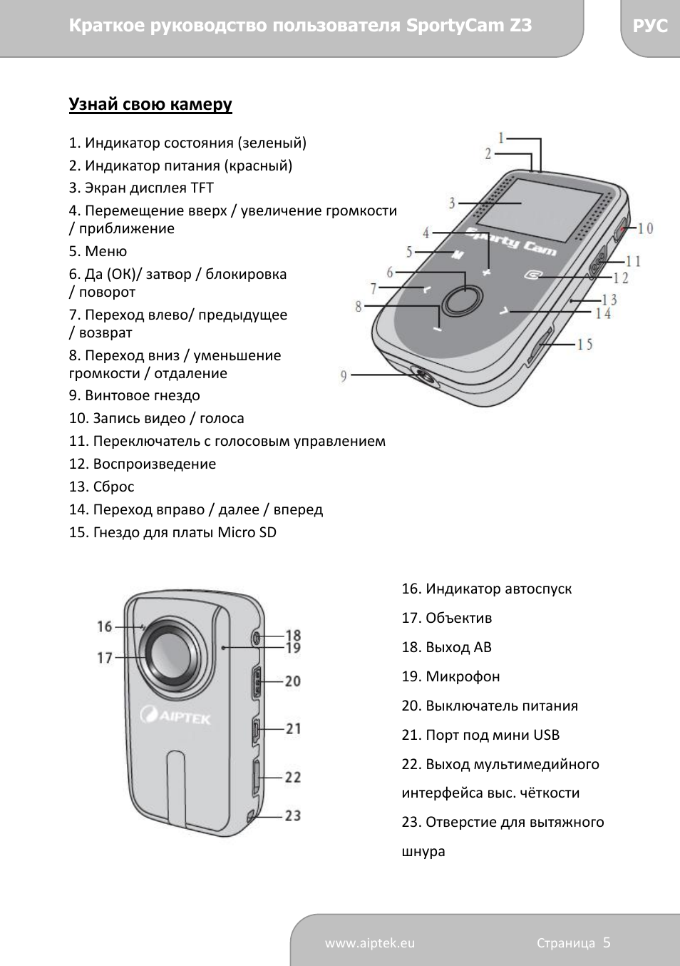 Узнай свою камеру, Указания по эксплуатации | AIPTEK SportyCam Z3 Quick Start Guide User Manual | Page 101 / 114