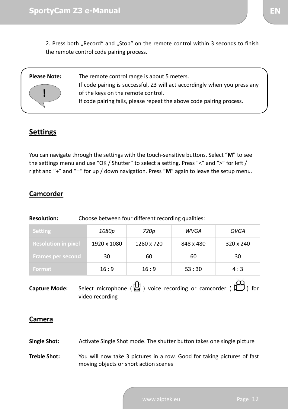 Settings | AIPTEK SportyCam Z3 Quick Start Guide User Manual | Page 12 / 114