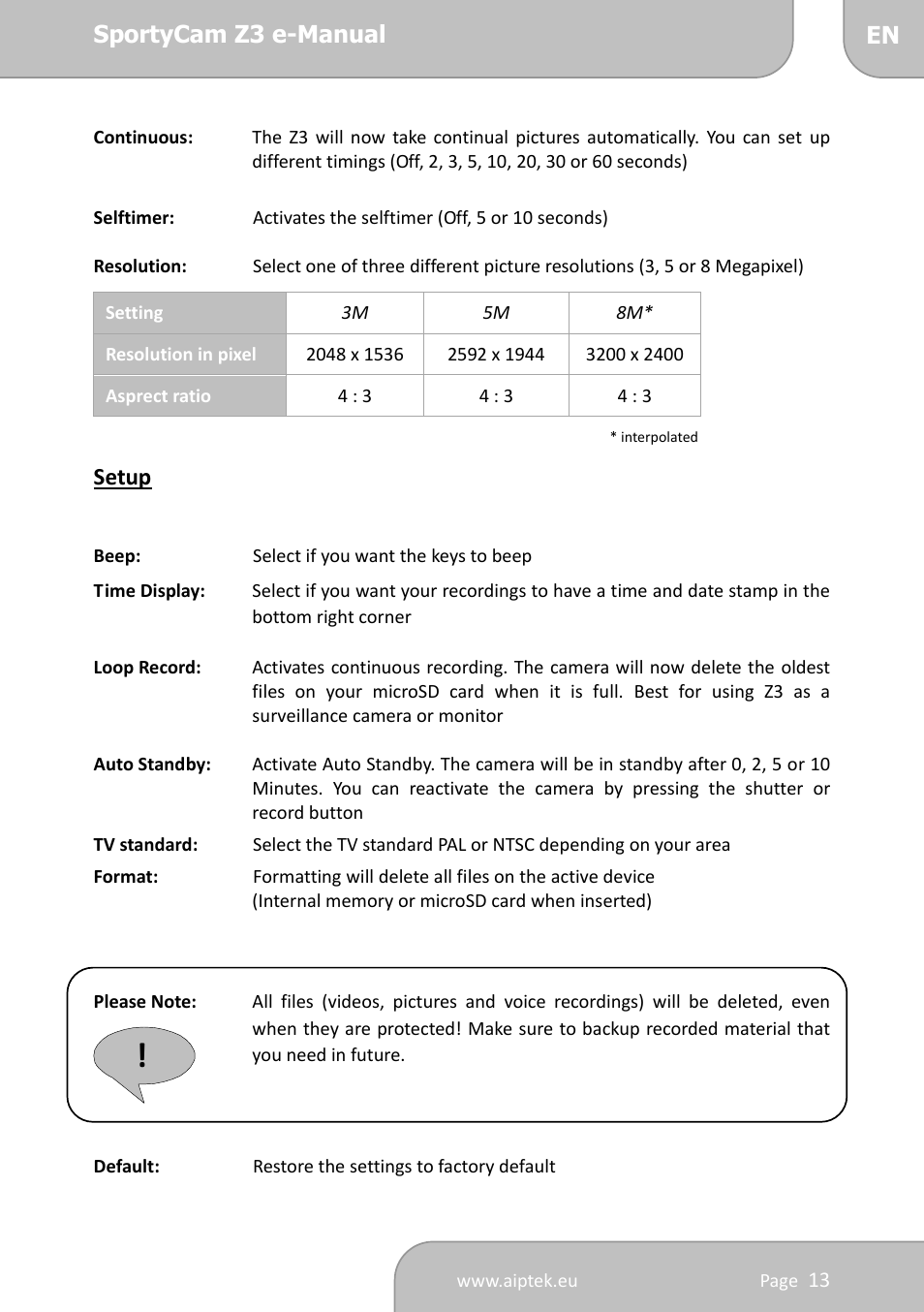 AIPTEK SportyCam Z3 Quick Start Guide User Manual | Page 13 / 114