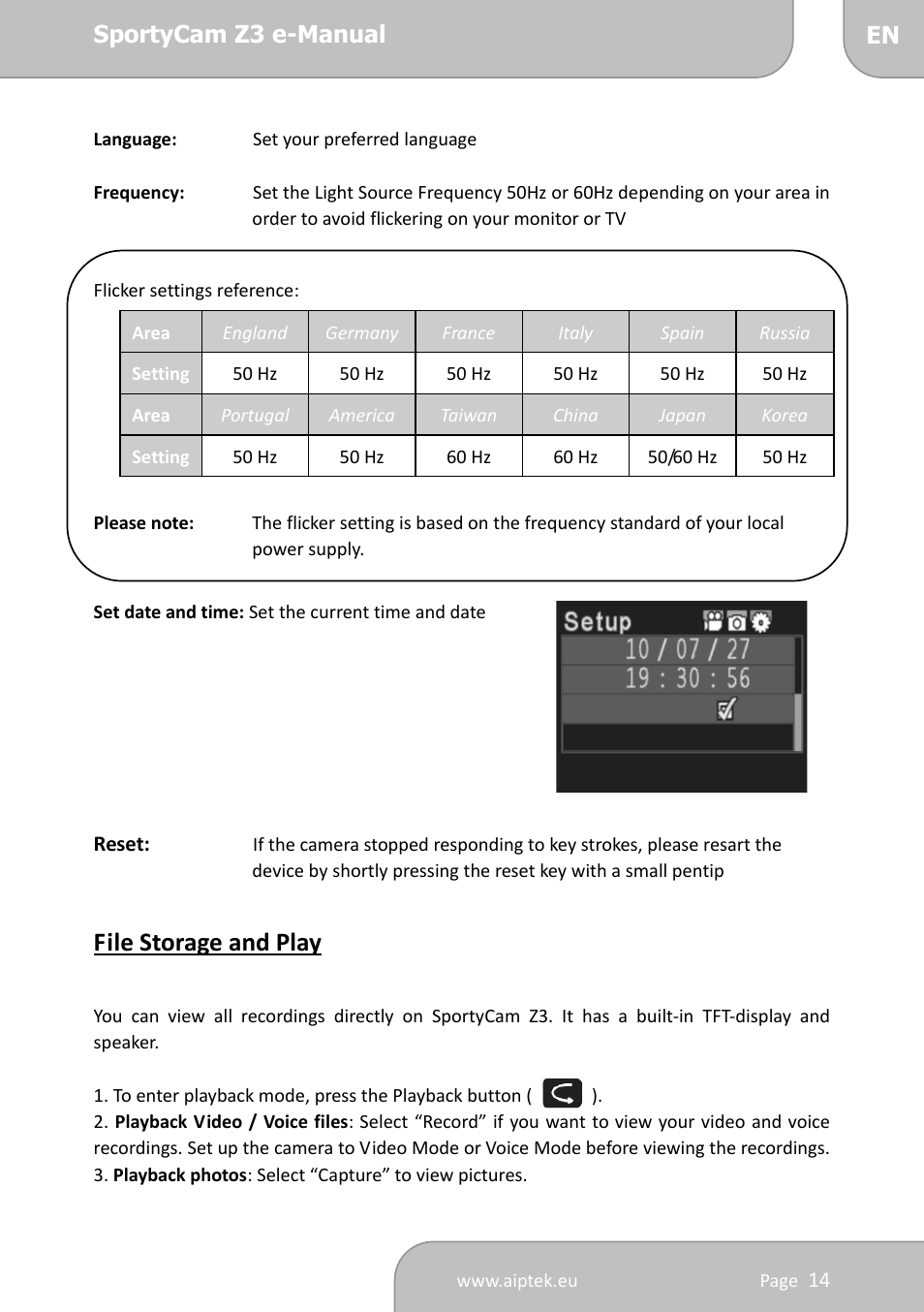 File storage and play | AIPTEK SportyCam Z3 Quick Start Guide User Manual | Page 14 / 114