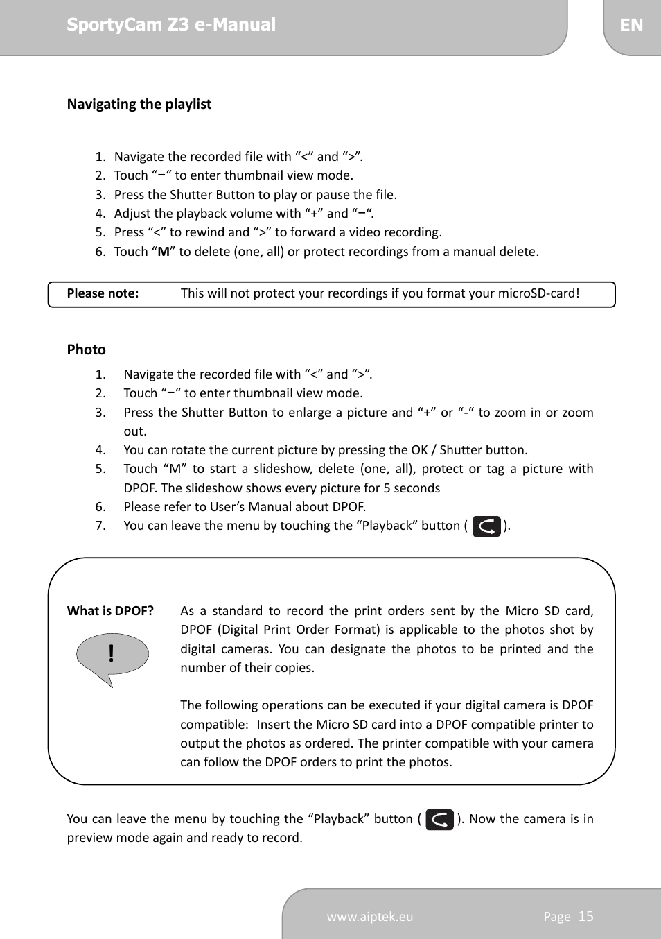 AIPTEK SportyCam Z3 Quick Start Guide User Manual | Page 15 / 114