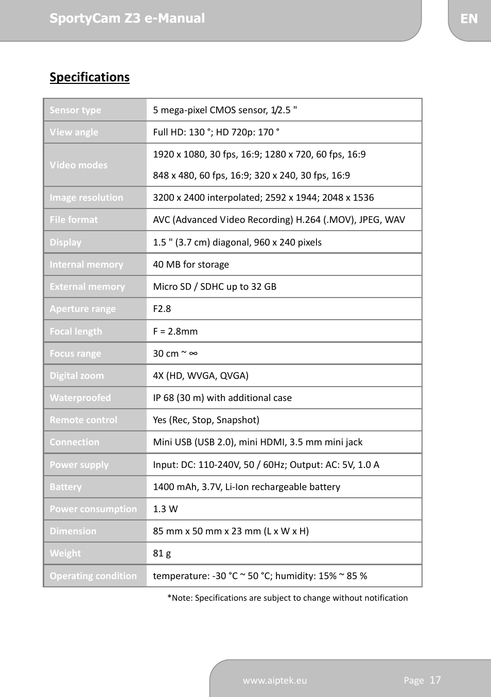 Specifications | AIPTEK SportyCam Z3 Quick Start Guide User Manual | Page 17 / 114