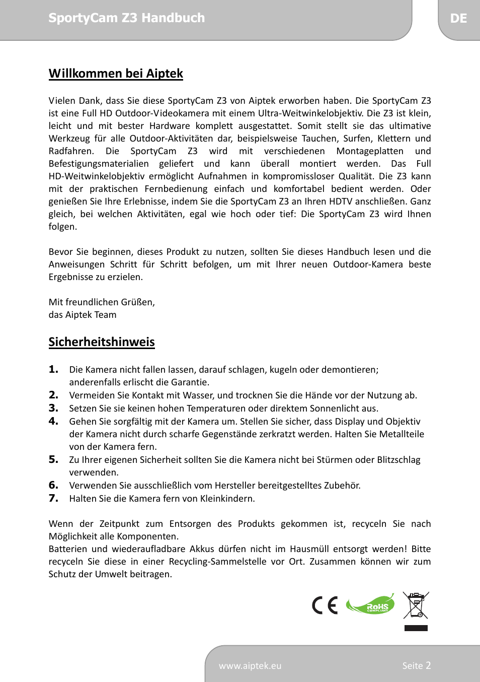 Willkommen bei aiptek, Sicherheitshinweis | AIPTEK SportyCam Z3 Quick Start Guide User Manual | Page 19 / 114