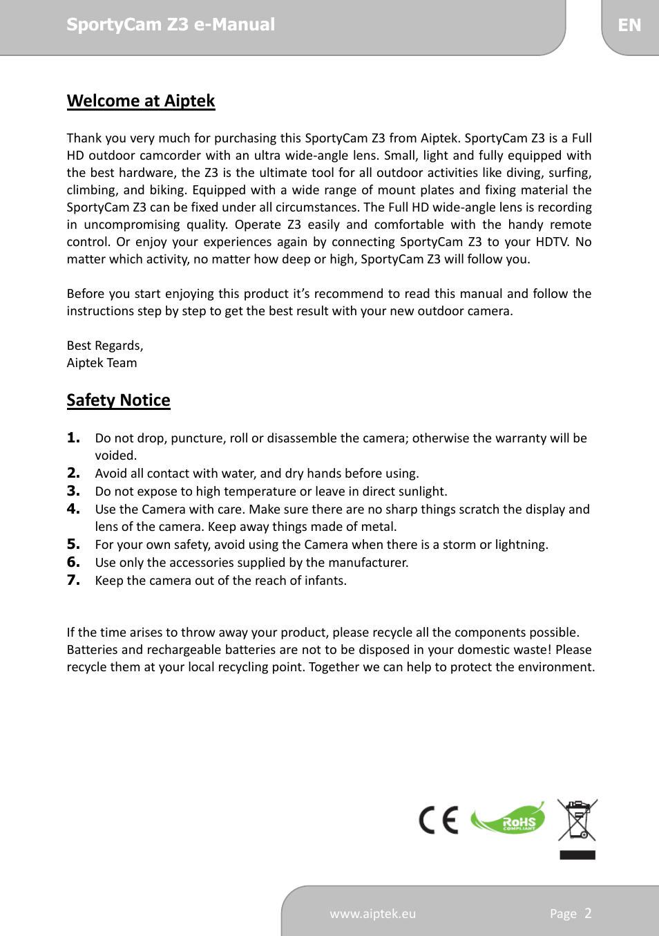 Welcome at aiptek, Safety notice | AIPTEK SportyCam Z3 Quick Start Guide User Manual | Page 2 / 114
