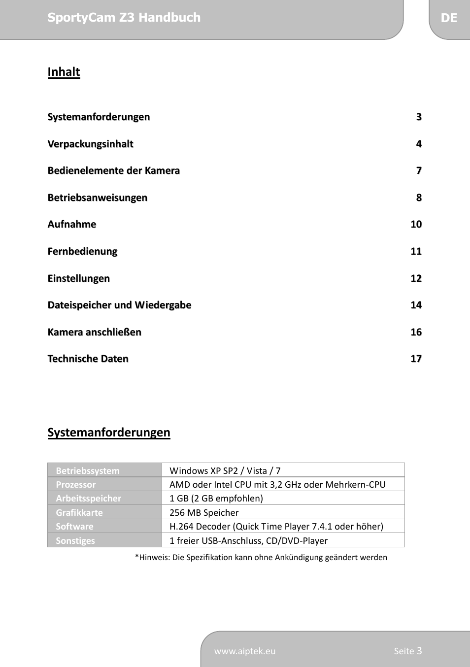 Inhalt, Systemanforderungen | AIPTEK SportyCam Z3 Quick Start Guide User Manual | Page 20 / 114