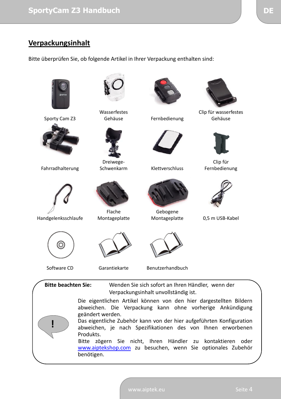 Verpackungsinhalt, Sportycam z3 handbuch da | AIPTEK SportyCam Z3 Quick Start Guide User Manual | Page 21 / 114