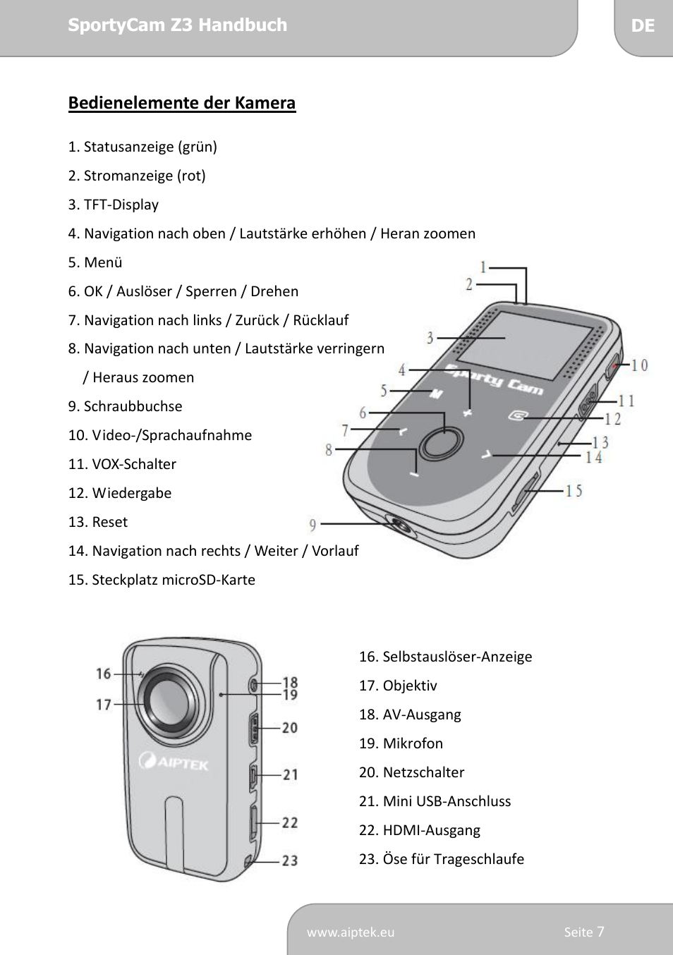 Bedienelemente der kamera | AIPTEK SportyCam Z3 Quick Start Guide User Manual | Page 24 / 114