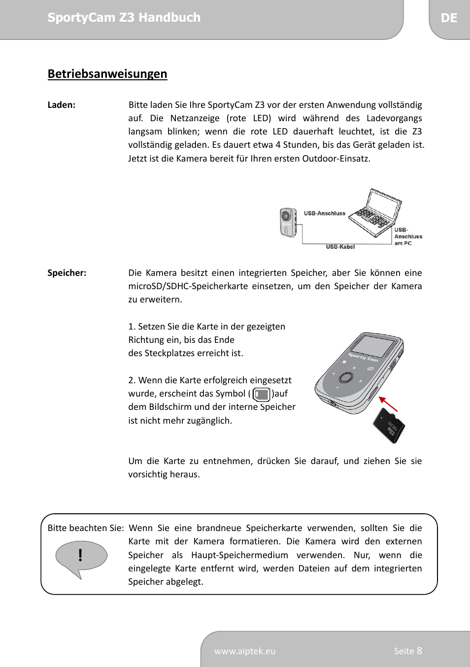 Betriebsanweisungen | AIPTEK SportyCam Z3 Quick Start Guide User Manual | Page 25 / 114
