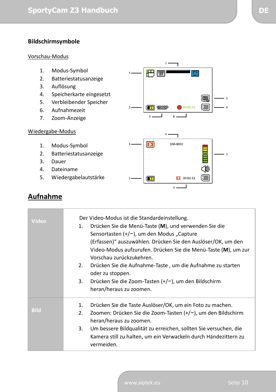 Aufnahme | AIPTEK SportyCam Z3 Quick Start Guide User Manual | Page 27 / 114