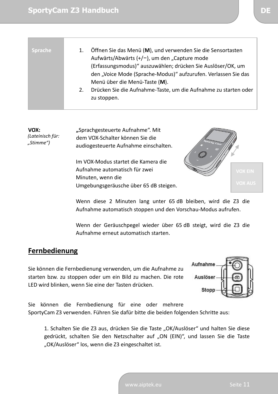 Fernbedienung | AIPTEK SportyCam Z3 Quick Start Guide User Manual | Page 28 / 114