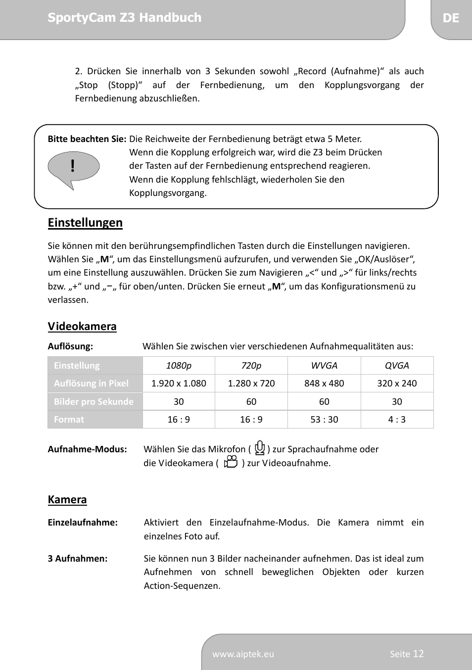 Einstellungen | AIPTEK SportyCam Z3 Quick Start Guide User Manual | Page 29 / 114