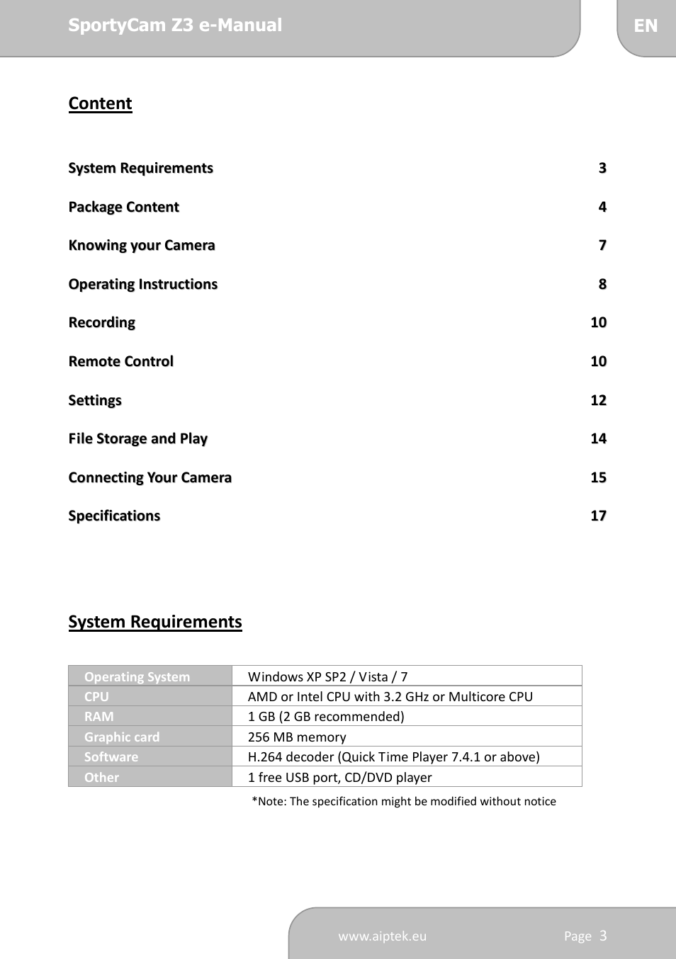 Content, System requirements | AIPTEK SportyCam Z3 Quick Start Guide User Manual | Page 3 / 114