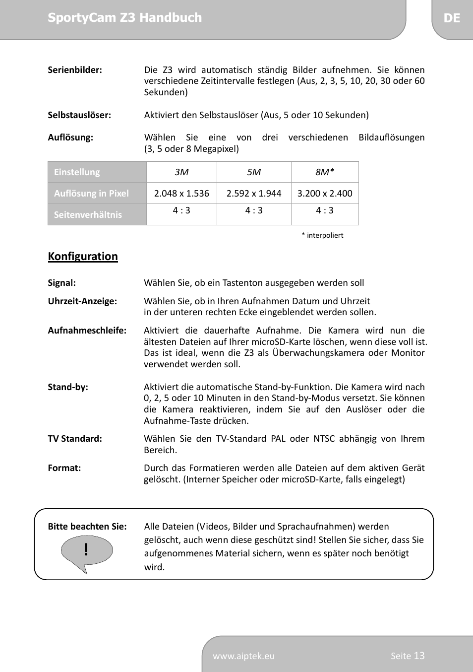 AIPTEK SportyCam Z3 Quick Start Guide User Manual | Page 30 / 114