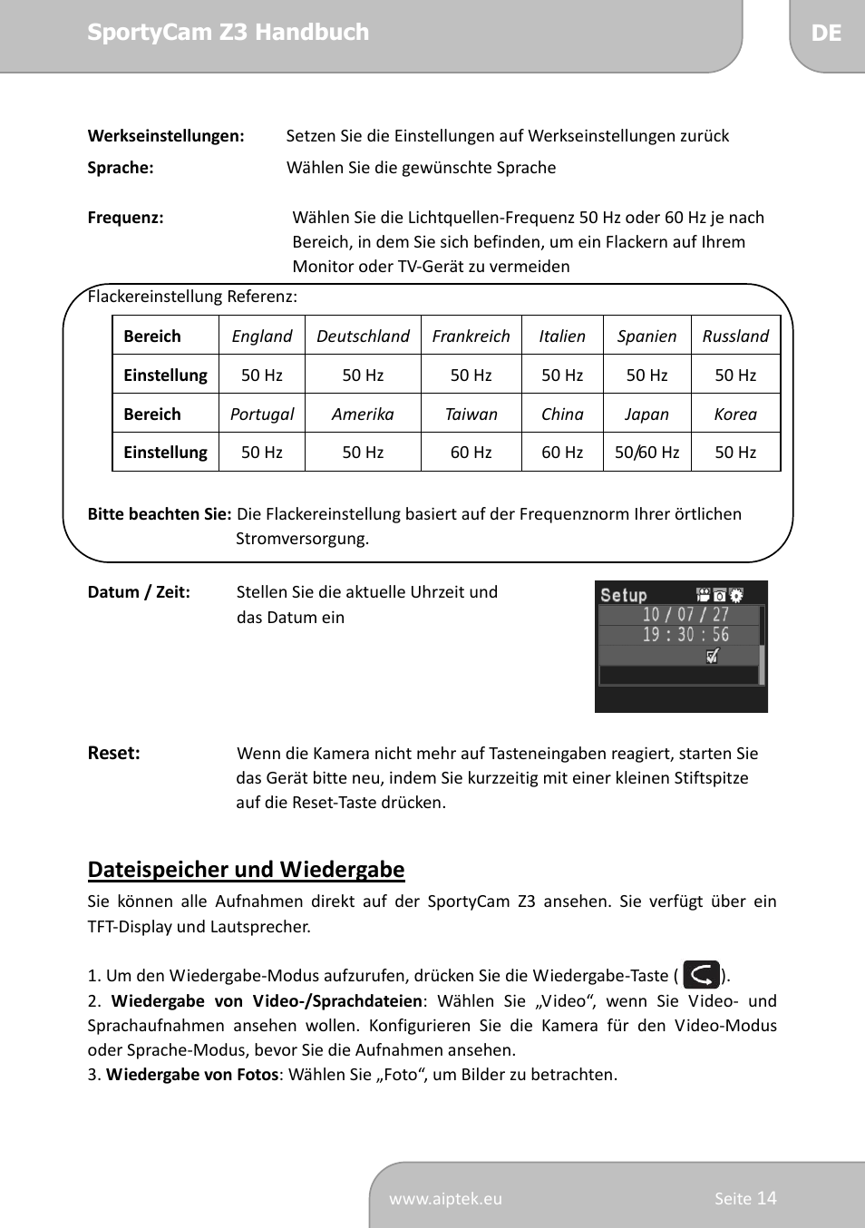 Dateispeicher und wiedergabe | AIPTEK SportyCam Z3 Quick Start Guide User Manual | Page 31 / 114