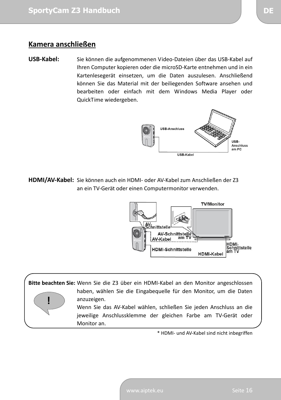 Kamera anschließen | AIPTEK SportyCam Z3 Quick Start Guide User Manual | Page 33 / 114