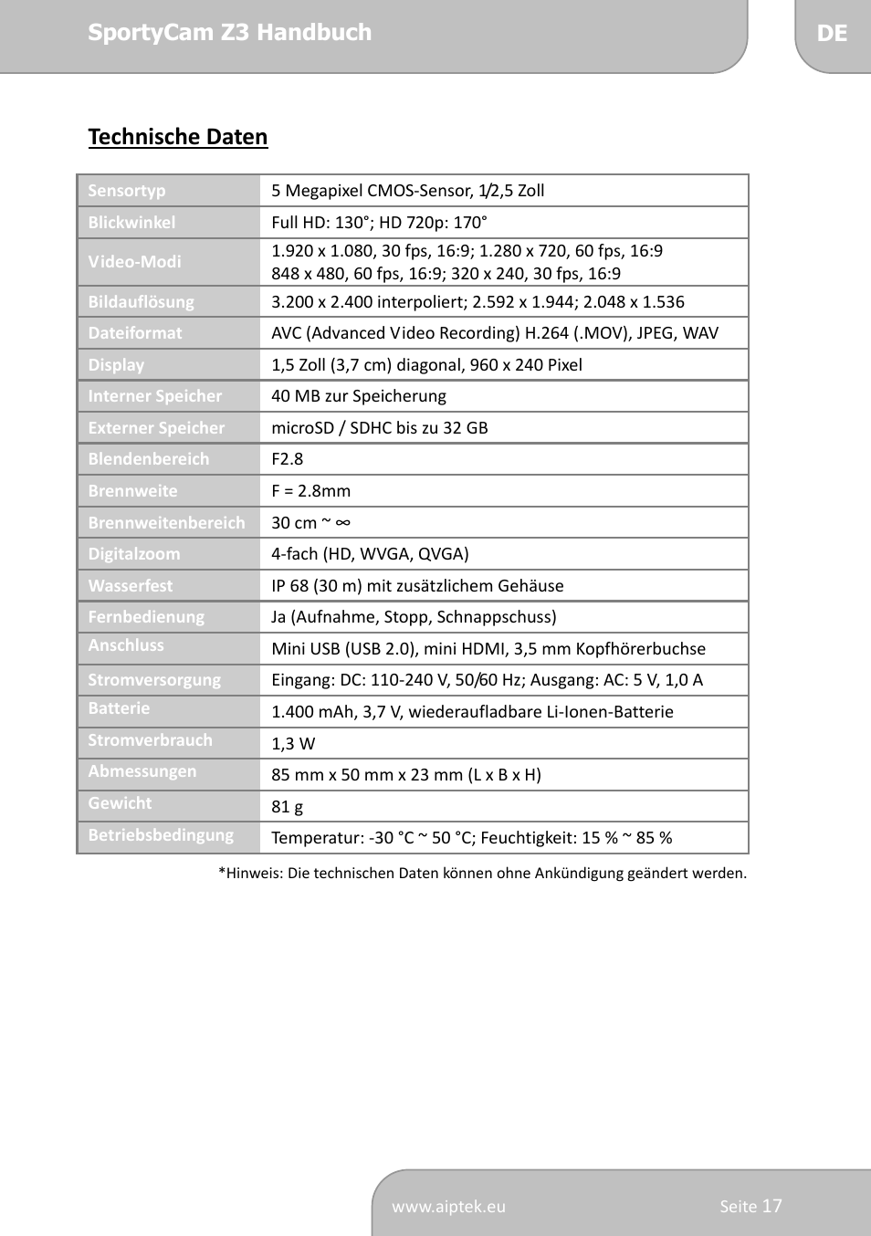 Technische daten | AIPTEK SportyCam Z3 Quick Start Guide User Manual | Page 34 / 114