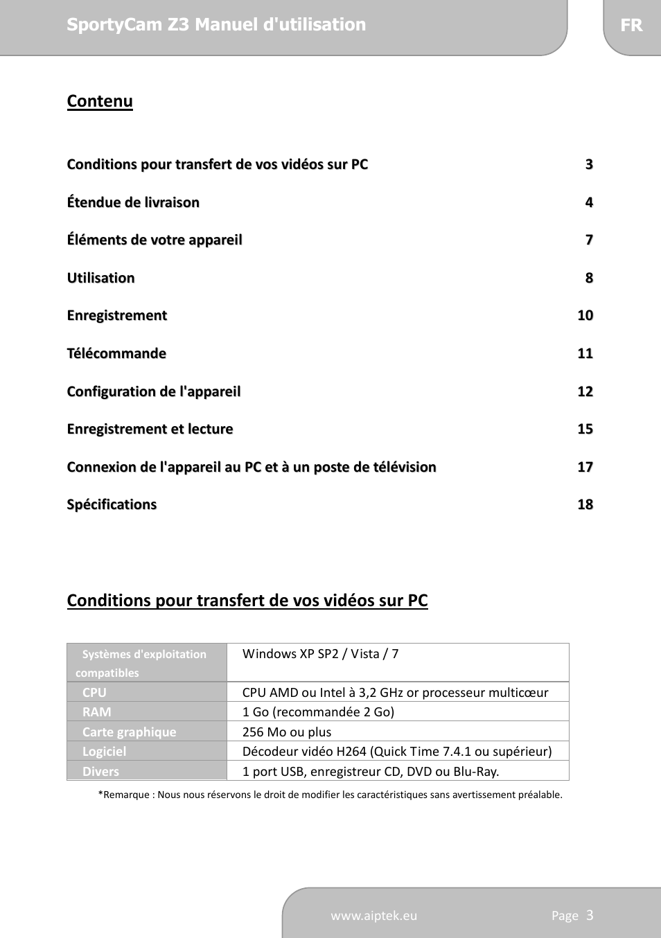 Contenu, Conditions pour transfert de vos vidéos sur pc | AIPTEK SportyCam Z3 Quick Start Guide User Manual | Page 37 / 114