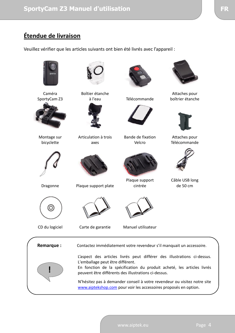 Étendue de livraison, Sportycam z3 manuel d'utilisation fr | AIPTEK SportyCam Z3 Quick Start Guide User Manual | Page 38 / 114