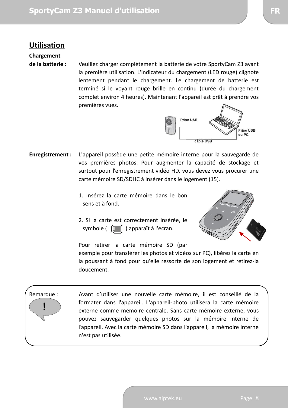 Utilisation | AIPTEK SportyCam Z3 Quick Start Guide User Manual | Page 42 / 114