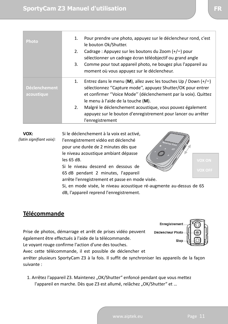 Télécommande | AIPTEK SportyCam Z3 Quick Start Guide User Manual | Page 45 / 114