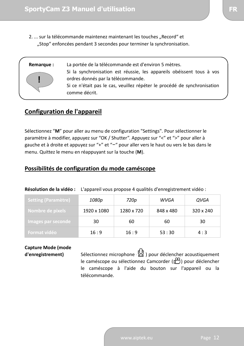 Configuration de l'appareil | AIPTEK SportyCam Z3 Quick Start Guide User Manual | Page 46 / 114