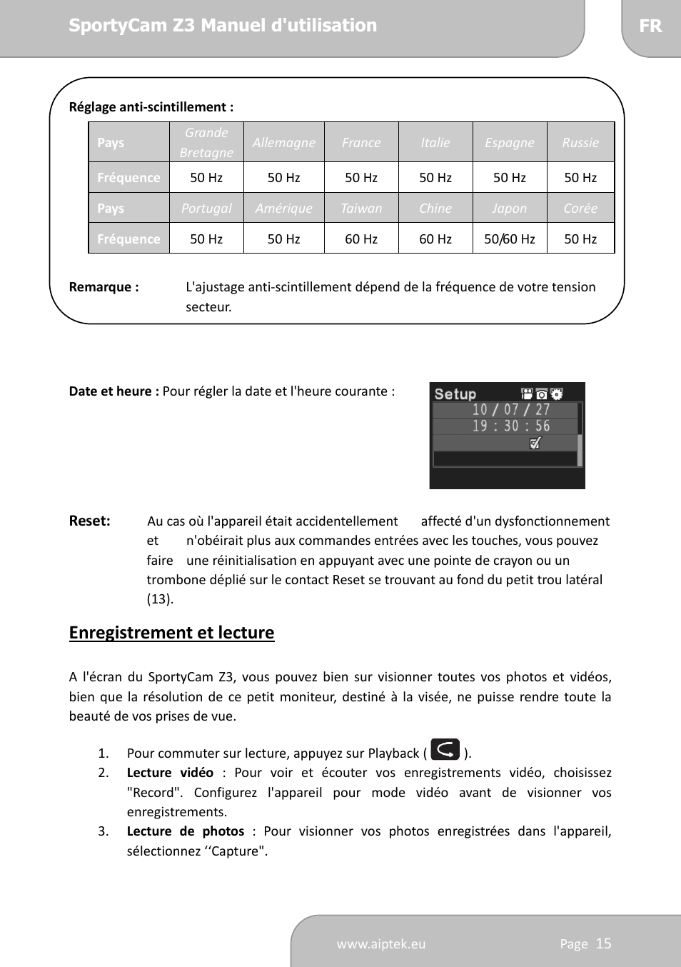 Enregistrement et lecture | AIPTEK SportyCam Z3 Quick Start Guide User Manual | Page 49 / 114