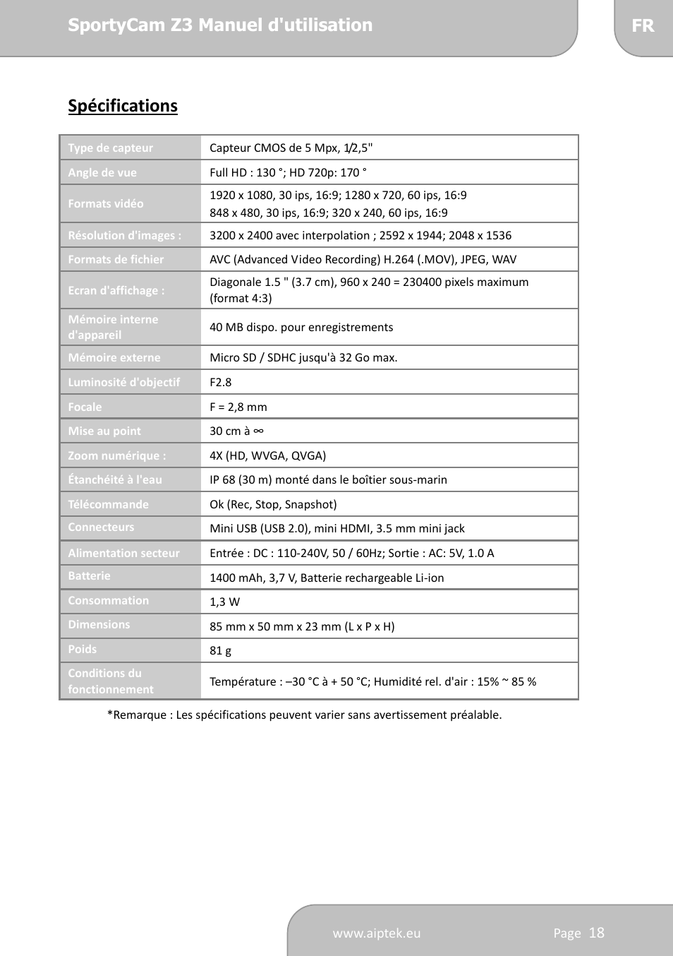 Spécifications, Sportycam z3 manuel d'utilisation fr | AIPTEK SportyCam Z3 Quick Start Guide User Manual | Page 52 / 114