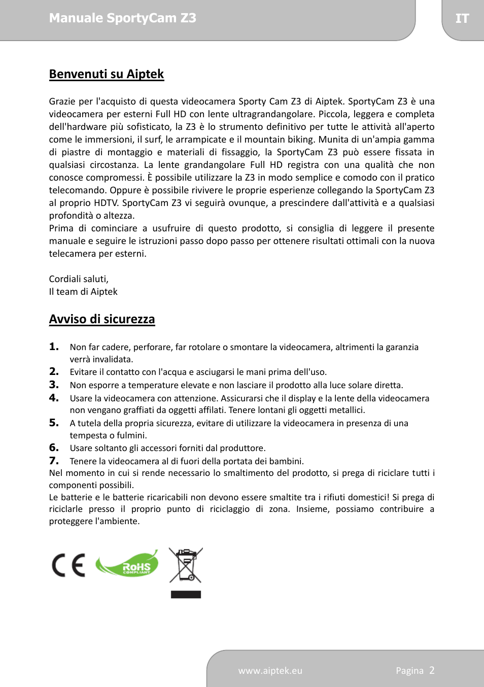 Benvenuti su aiptek, Avviso di sicurezza, Indice | AIPTEK SportyCam Z3 Quick Start Guide User Manual | Page 54 / 114