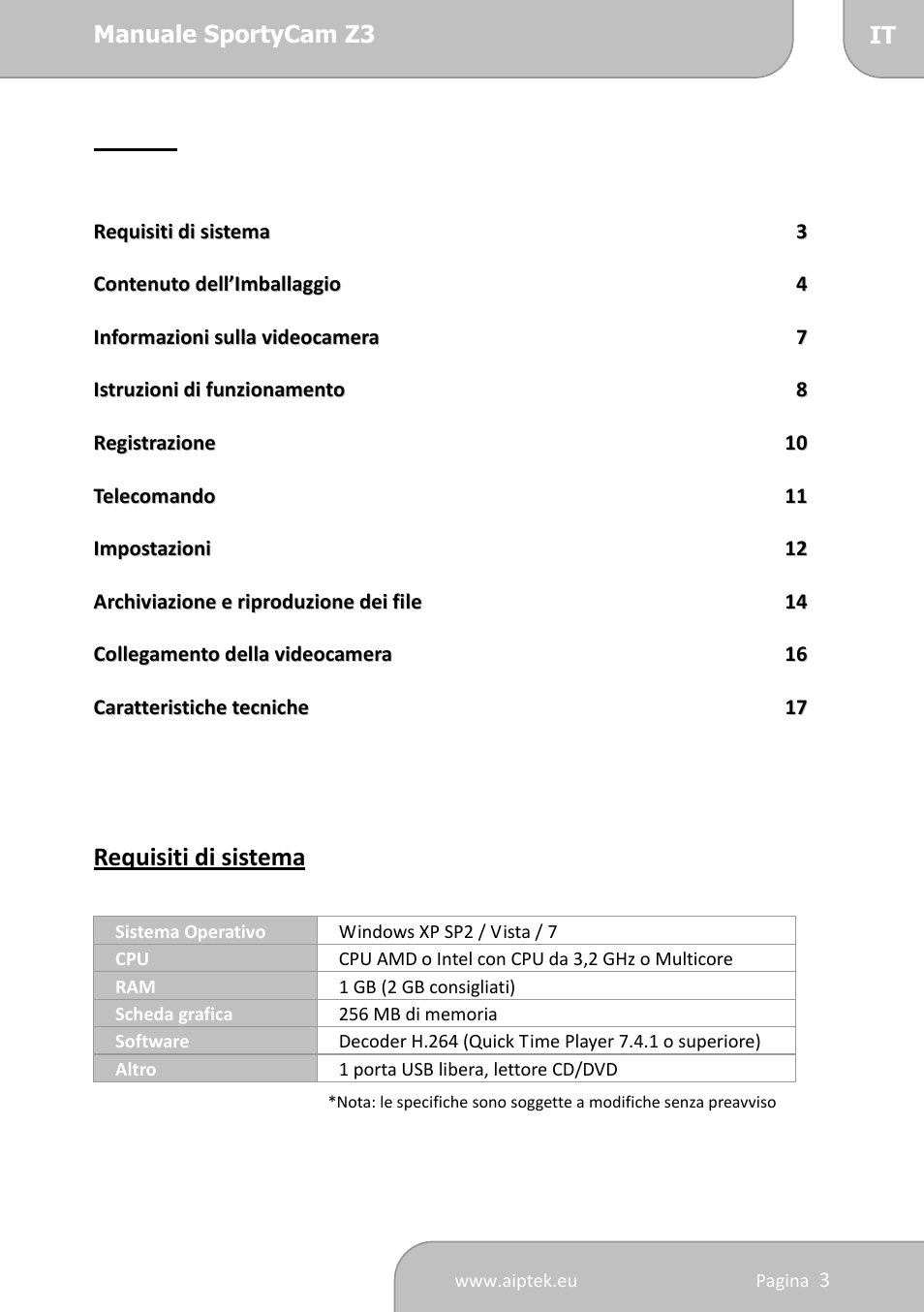 Requisiti di sistema | AIPTEK SportyCam Z3 Quick Start Guide User Manual | Page 55 / 114