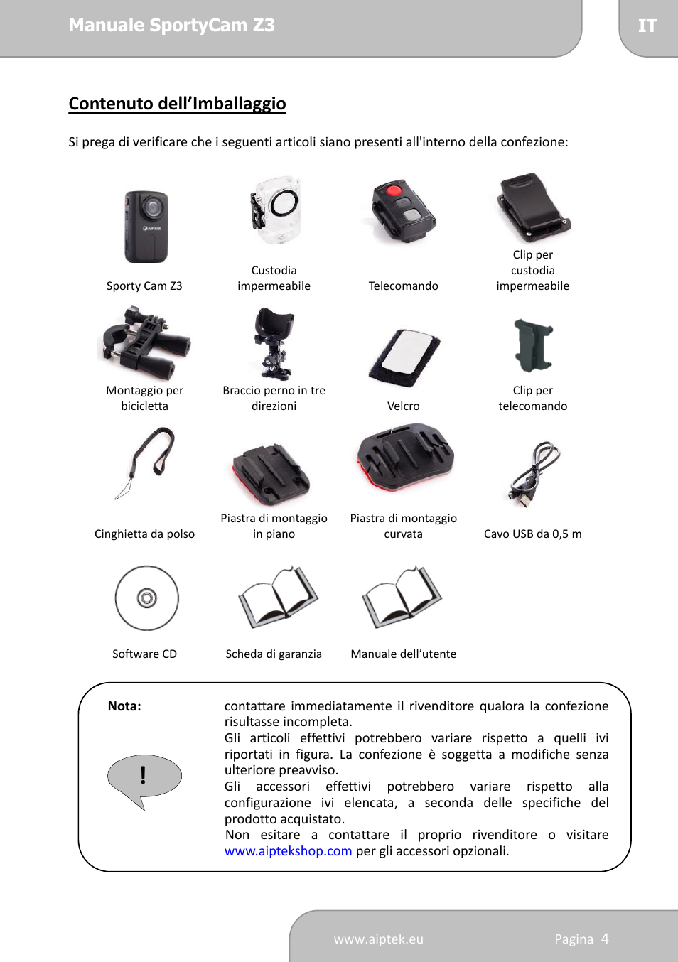 Contenuto dell’imballaggio | AIPTEK SportyCam Z3 Quick Start Guide User Manual | Page 56 / 114