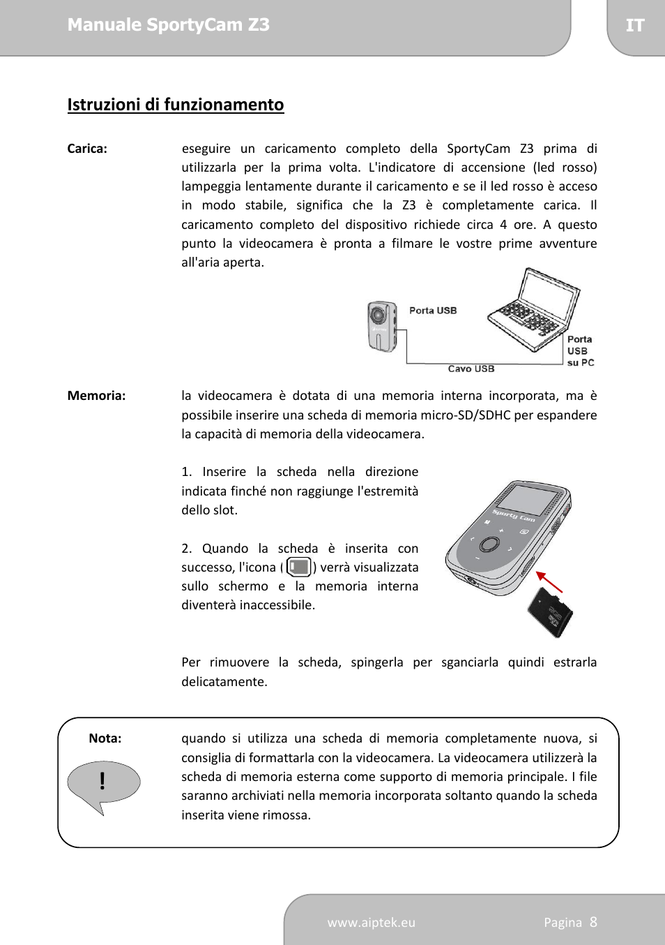 Istruzioni di funzionamento | AIPTEK SportyCam Z3 Quick Start Guide User Manual | Page 60 / 114