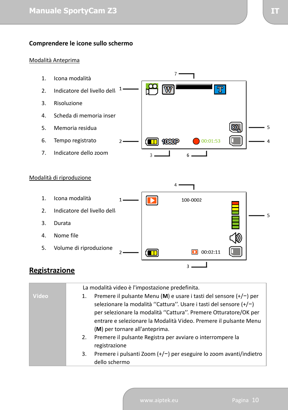 Registrazione | AIPTEK SportyCam Z3 Quick Start Guide User Manual | Page 62 / 114