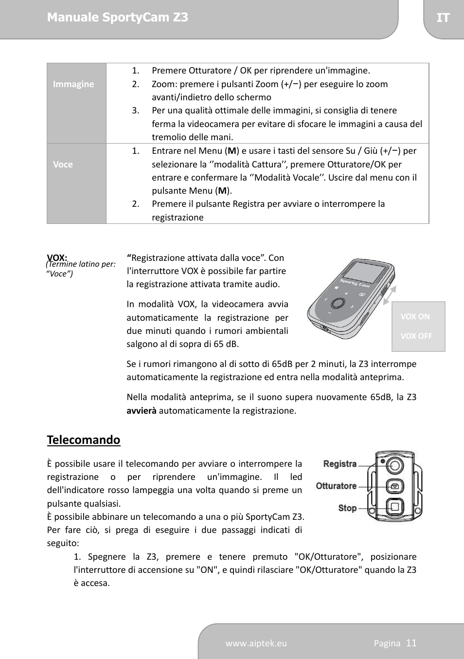 Telecomando | AIPTEK SportyCam Z3 Quick Start Guide User Manual | Page 63 / 114