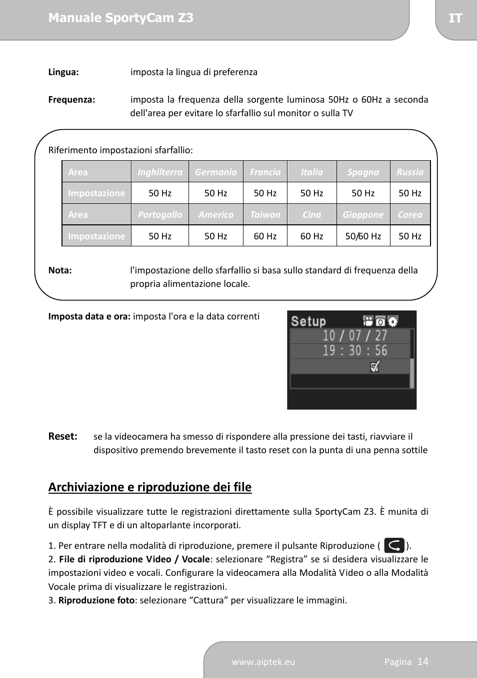 Archiviazione e riproduzione dei file | AIPTEK SportyCam Z3 Quick Start Guide User Manual | Page 66 / 114