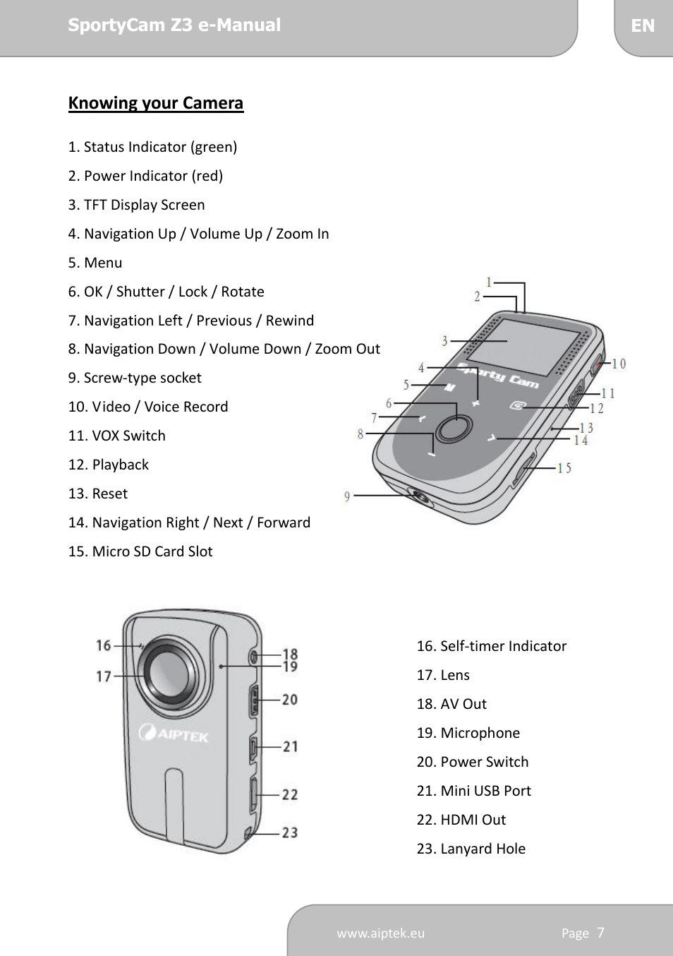 Knowing your camera, Operating instructions | AIPTEK SportyCam Z3 Quick Start Guide User Manual | Page 7 / 114