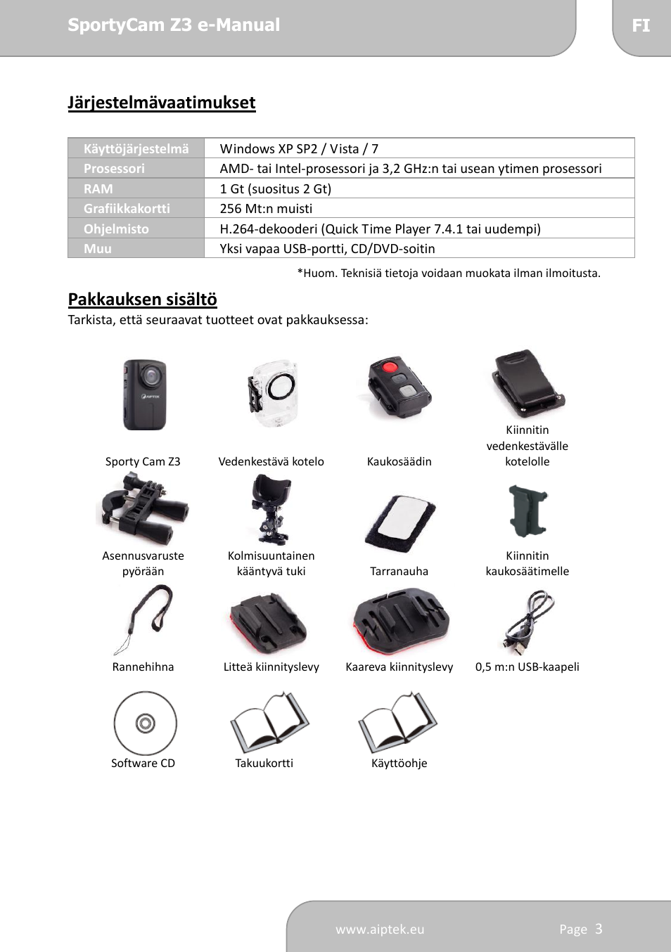 Järjestelmävaatimukset, Pakkauksen sisältö | AIPTEK SportyCam Z3 Quick Start Guide User Manual | Page 72 / 114