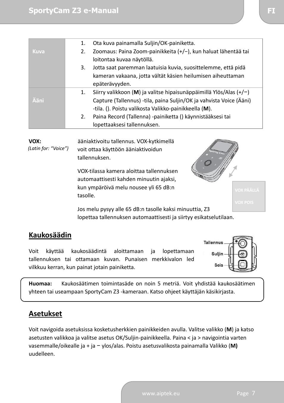 Kaukosäädin, Asetukset | AIPTEK SportyCam Z3 Quick Start Guide User Manual | Page 76 / 114