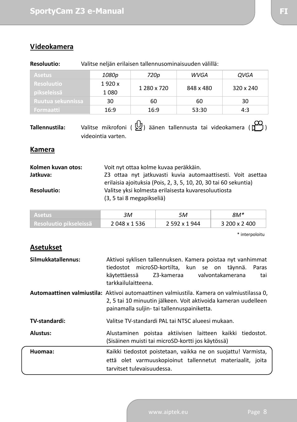 AIPTEK SportyCam Z3 Quick Start Guide User Manual | Page 77 / 114