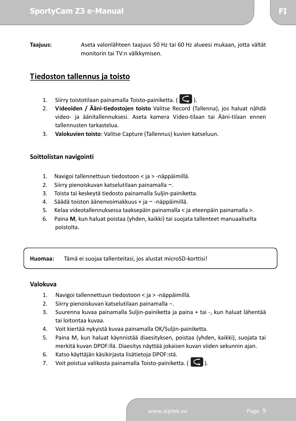 Tiedoston tallennus ja toisto | AIPTEK SportyCam Z3 Quick Start Guide User Manual | Page 78 / 114