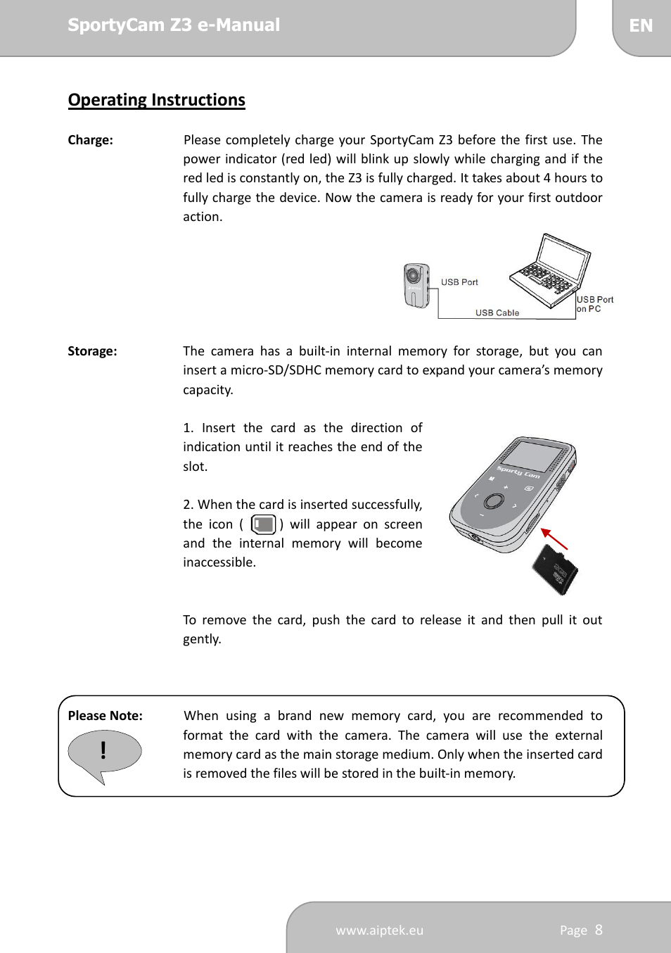 Operating instructions | AIPTEK SportyCam Z3 Quick Start Guide User Manual | Page 8 / 114
