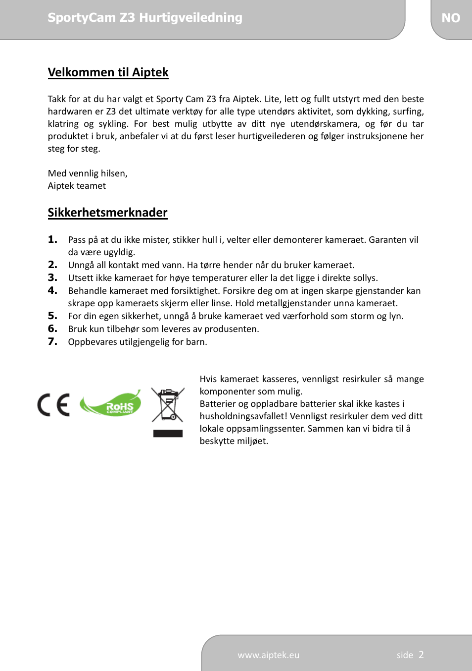 Velkommen til aiptek, Sikkerhetsmerknader | AIPTEK SportyCam Z3 Quick Start Guide User Manual | Page 80 / 114