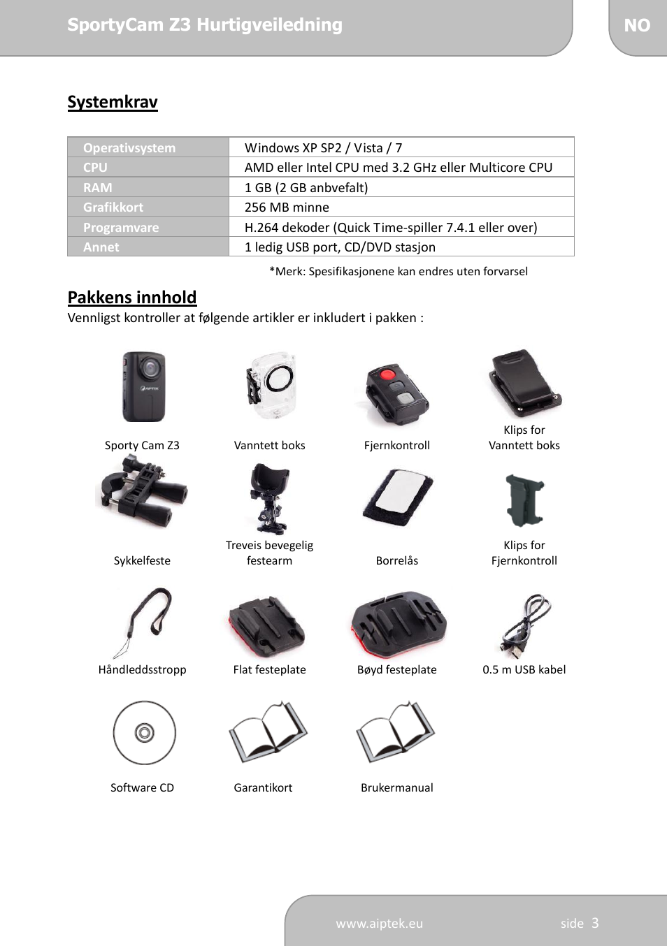 Systemkrav, Pakkens innhold | AIPTEK SportyCam Z3 Quick Start Guide User Manual | Page 81 / 114