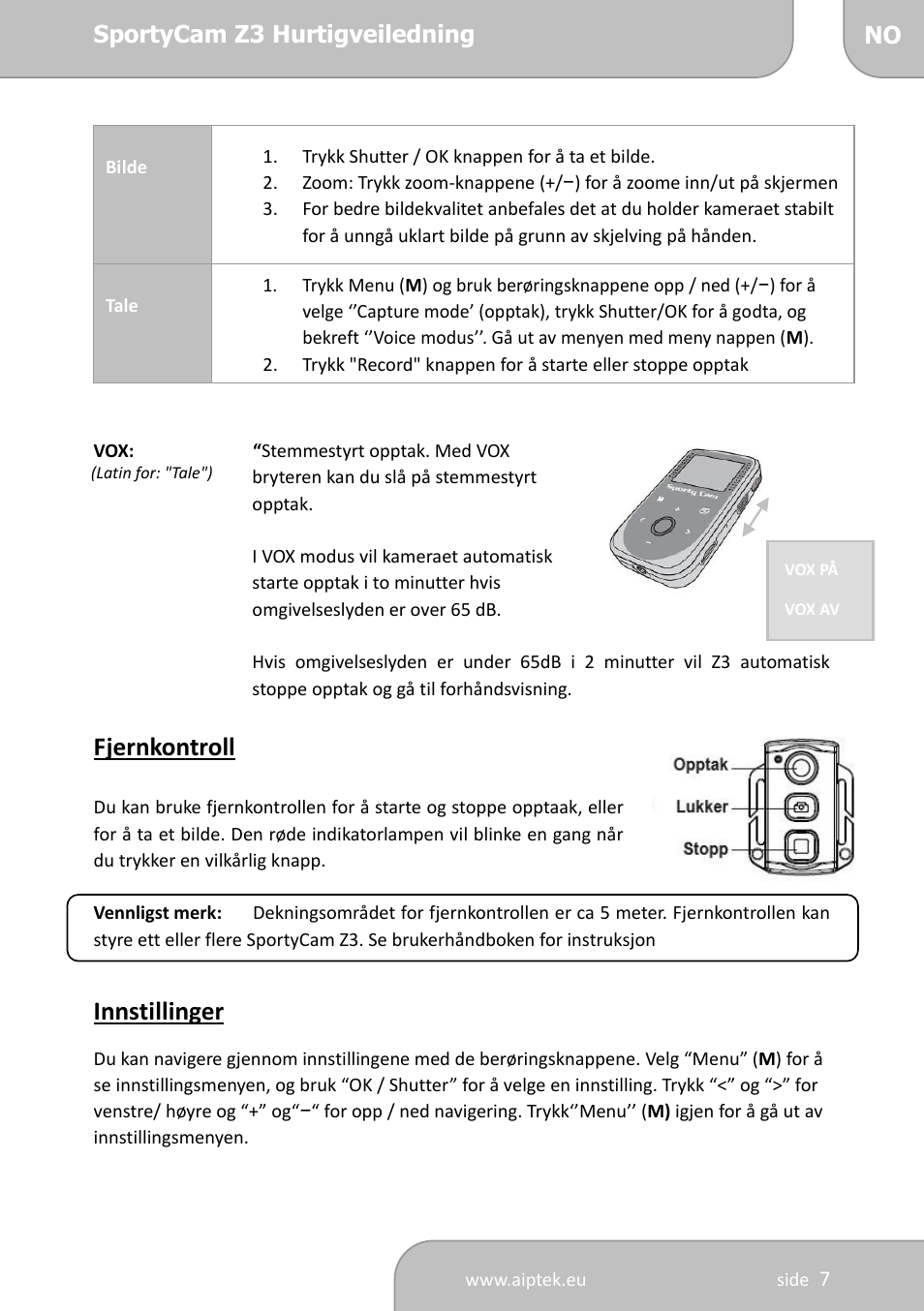 Fjernkontroll, Innstillinger | AIPTEK SportyCam Z3 Quick Start Guide User Manual | Page 85 / 114