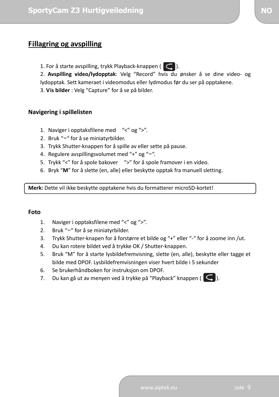 Fillagring og avspilling | AIPTEK SportyCam Z3 Quick Start Guide User Manual | Page 87 / 114