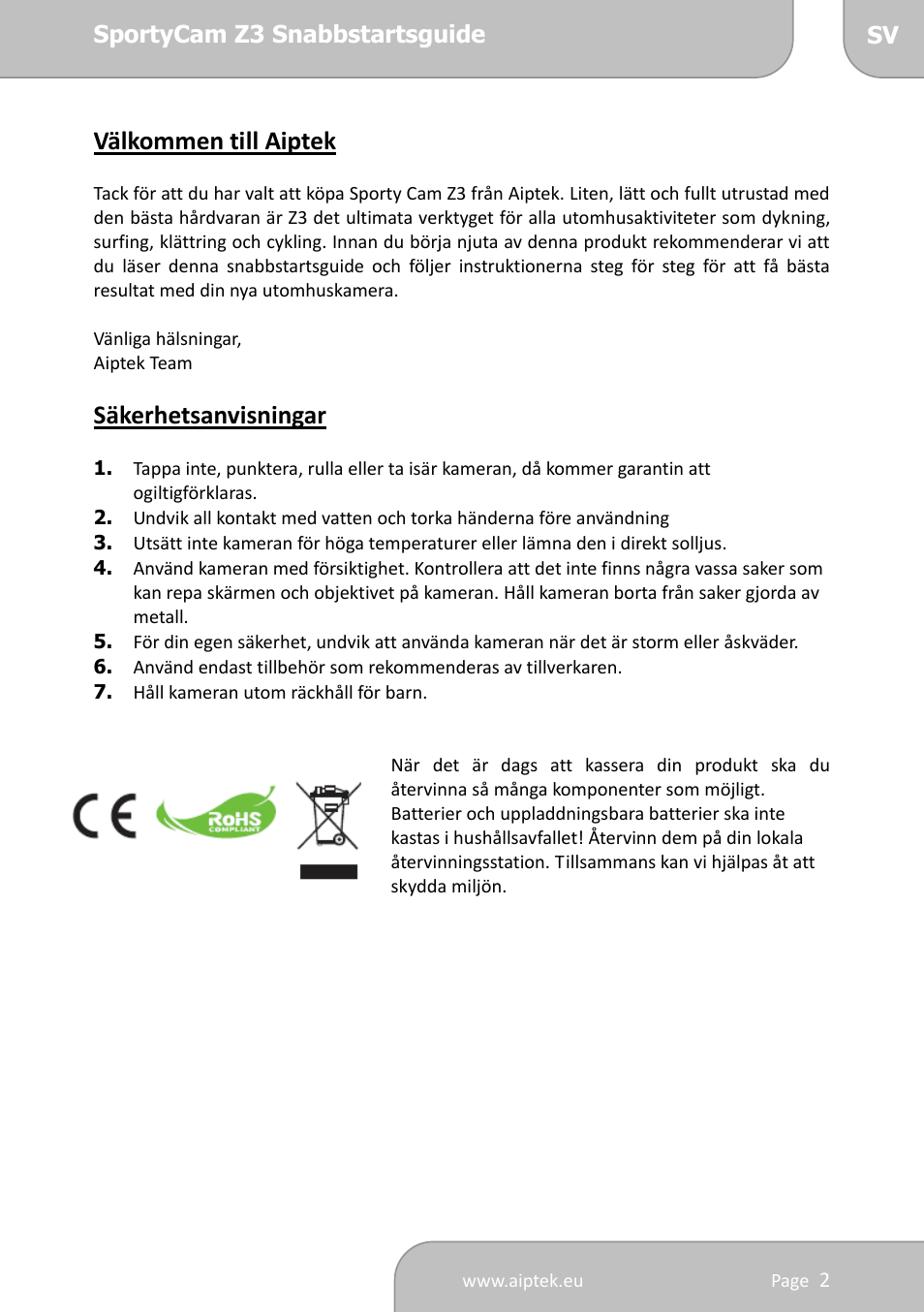 Välkommen till aiptek, Säkerhetsanvisningar | AIPTEK SportyCam Z3 Quick Start Guide User Manual | Page 89 / 114