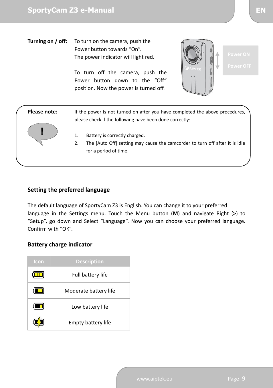 AIPTEK SportyCam Z3 Quick Start Guide User Manual | Page 9 / 114